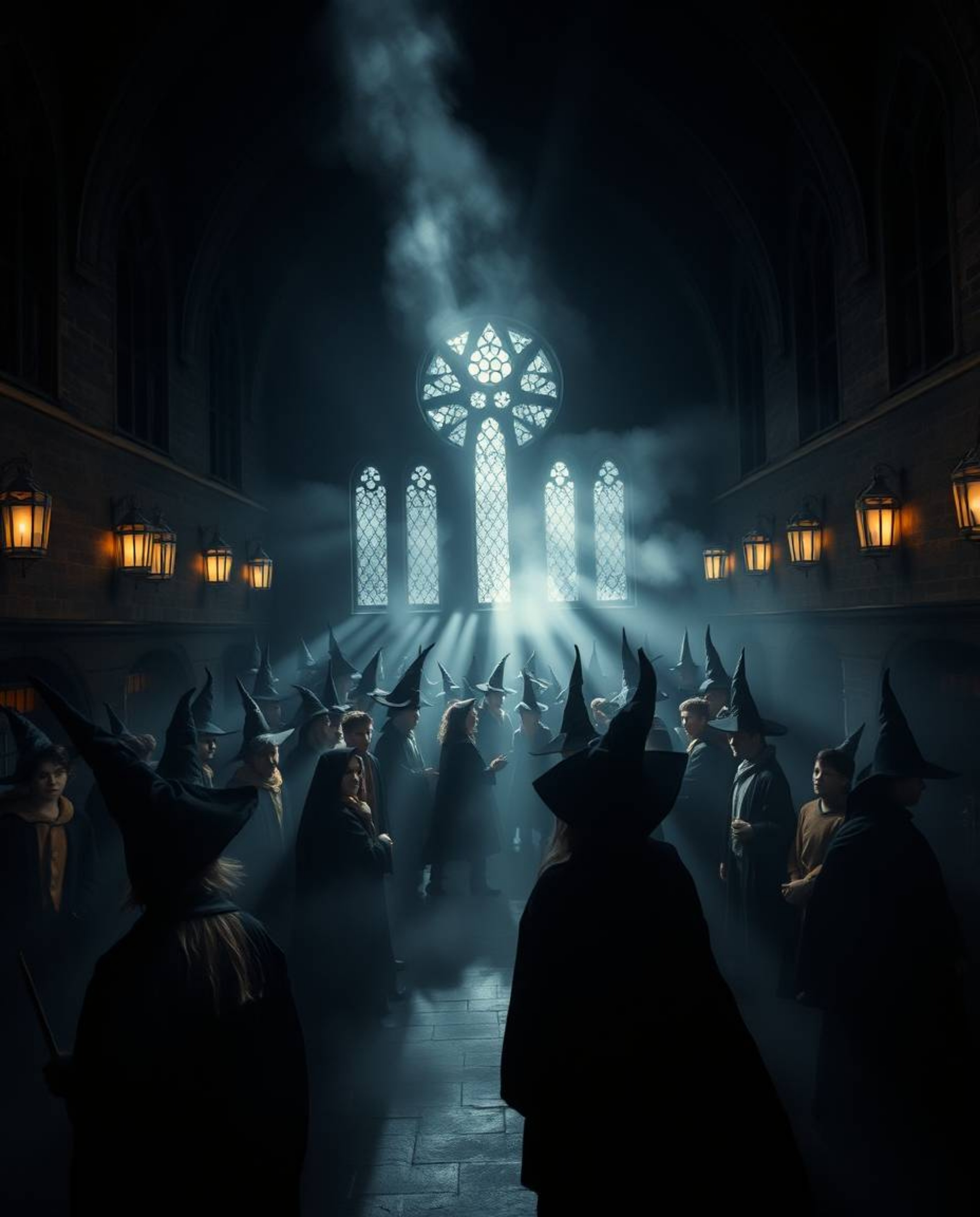 Immerse yourself in a magical school brimming with young wizards, bathed in intense jet black volumetric lighting. Witness vi