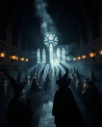 Immerse yourself in a magical school brimming with young wizards, bathed in intense jet black volumetric lighting. Witness vi