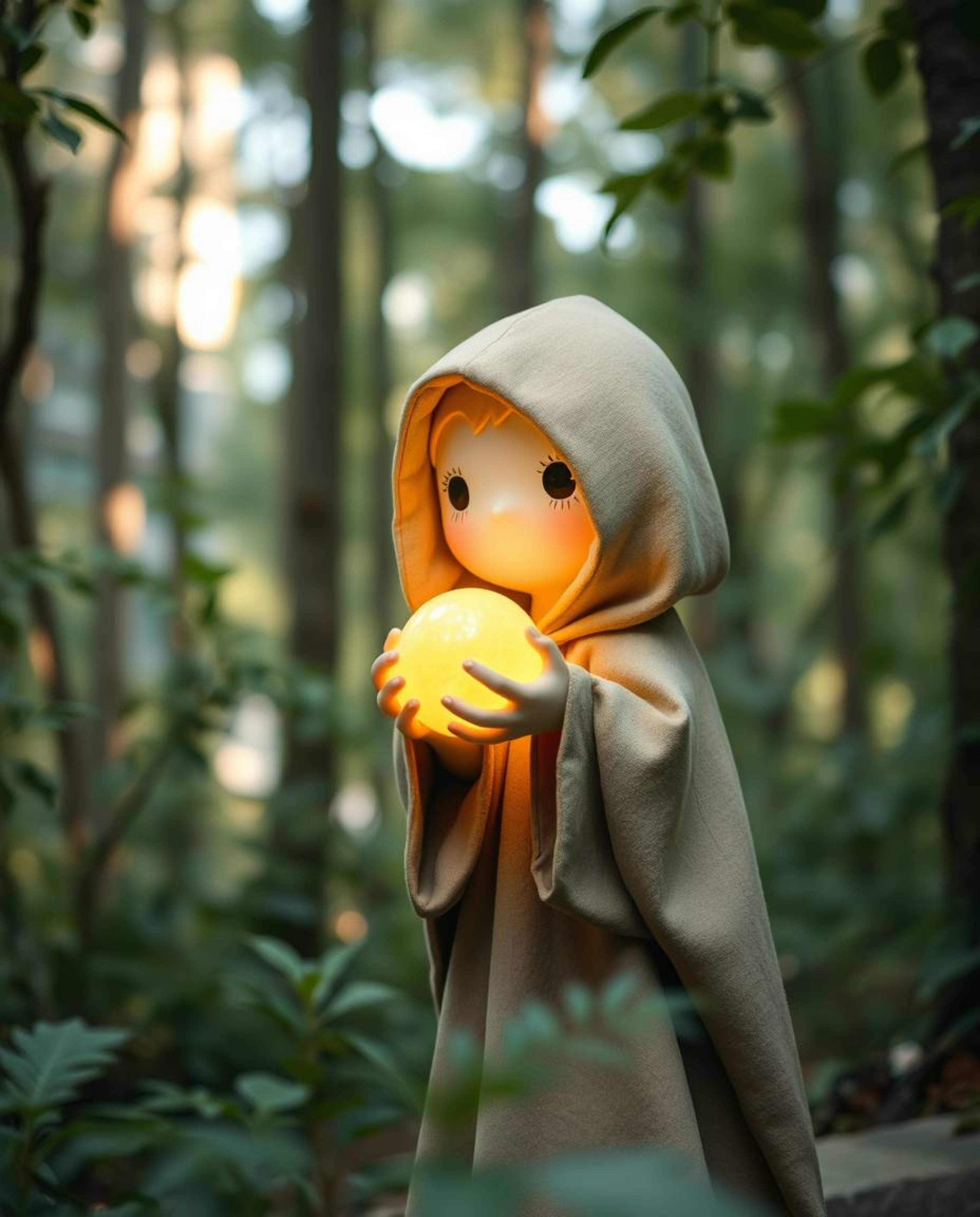 Candid street photography captures an adorable, charming cloaked figure holding a glowing orb within an urban forest setting.