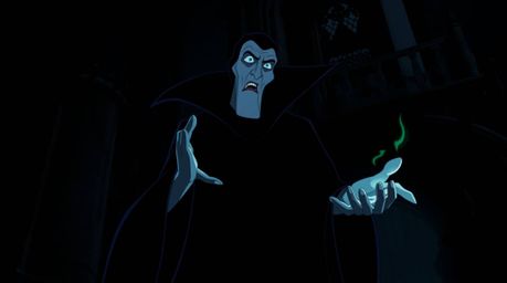 A classic Disney villain, rendered in intense jet black and stark white, casts a spell within a shadowy old castle. This high