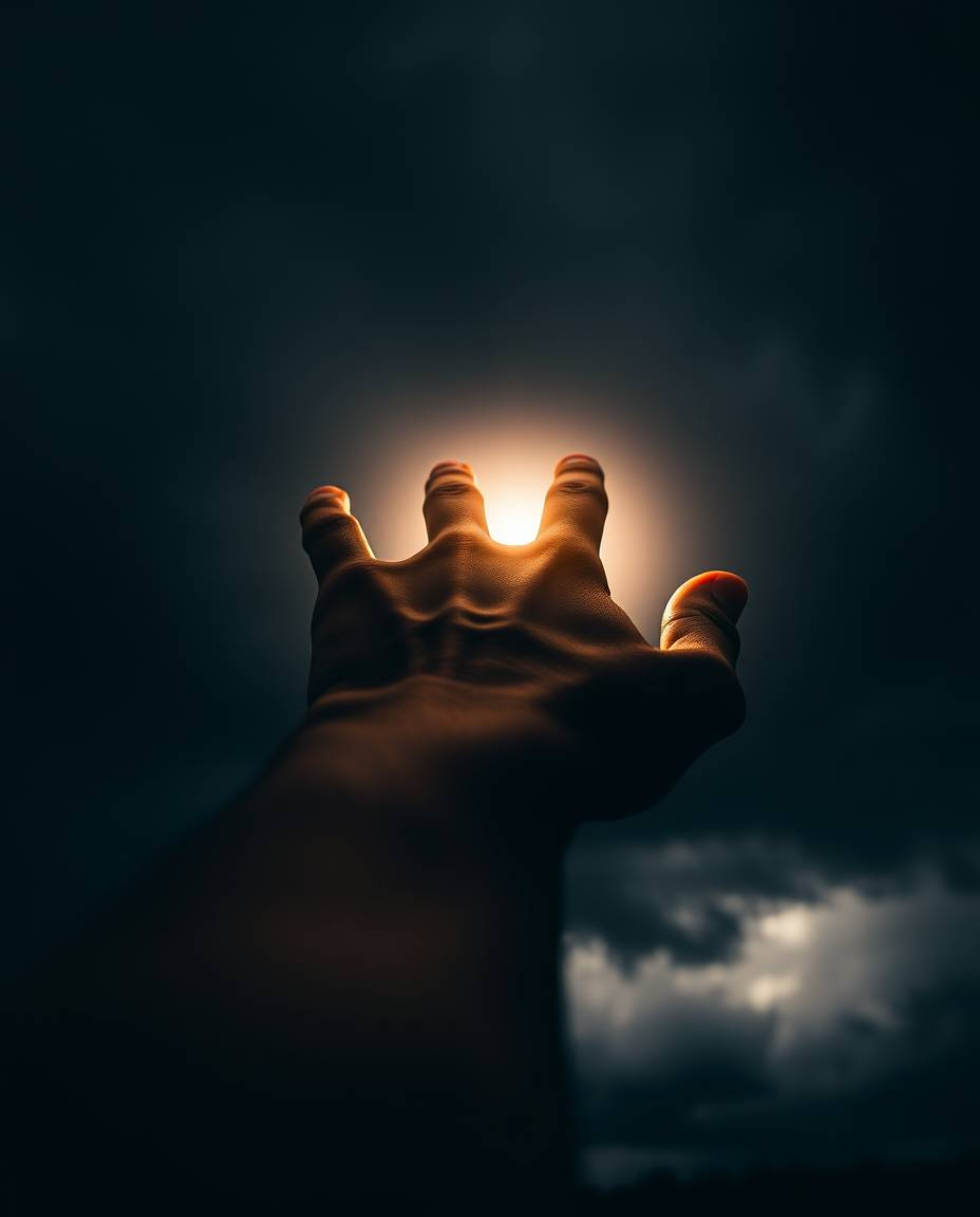 A captivating image showcasing an intense dramatic close-up of a hand reaching towards a beacon of light emanating from a dar