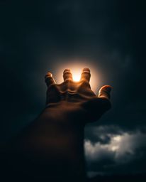 A captivating image showcasing an intense dramatic close-up of a hand reaching towards a beacon of light emanating from a dar