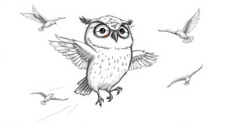 A heartwarming Pixar-style hand-drawn animation depicts a gentle, blind owl patiently teaching birds the art of flight.  The 