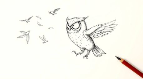 A heartwarming hand-drawn sketch in the style of Pixar depicts a blind owl patiently teaching birds to fly.  The owl, with it