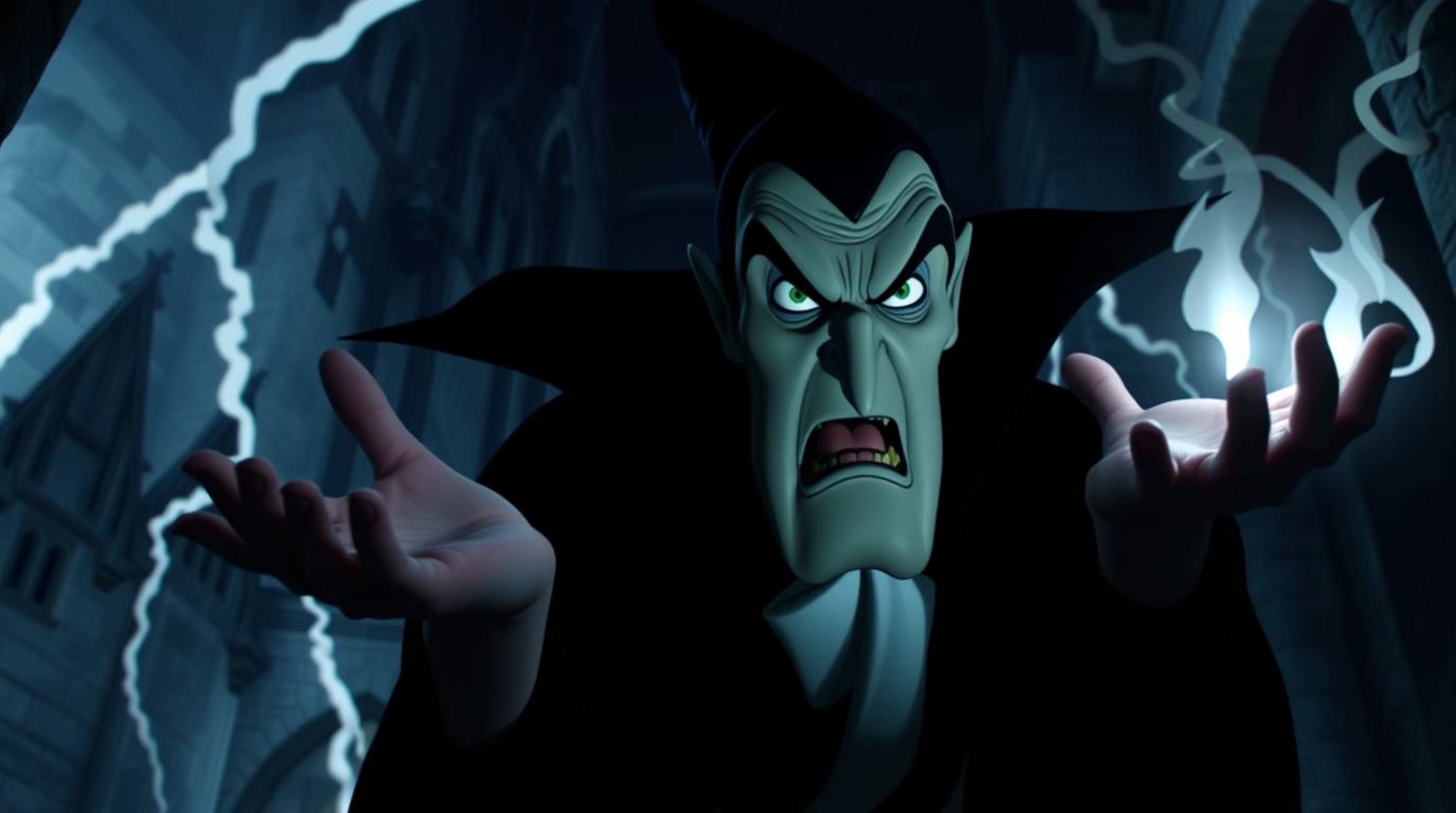 A classic Disney villain with an intense expression is casting a spell within the confines of an old castle, as a dramatic ci