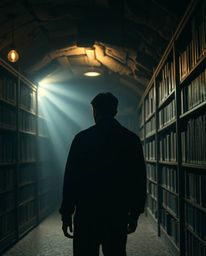 A person discovering a hidden underground library, bathed in cinematic lighting and composed dramatically, evokes a sense of 