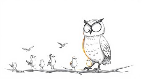 A whimsical Pixar-style hand-drawn sketch depicts a blind owl with gentle features teaching a class of birds in flight during