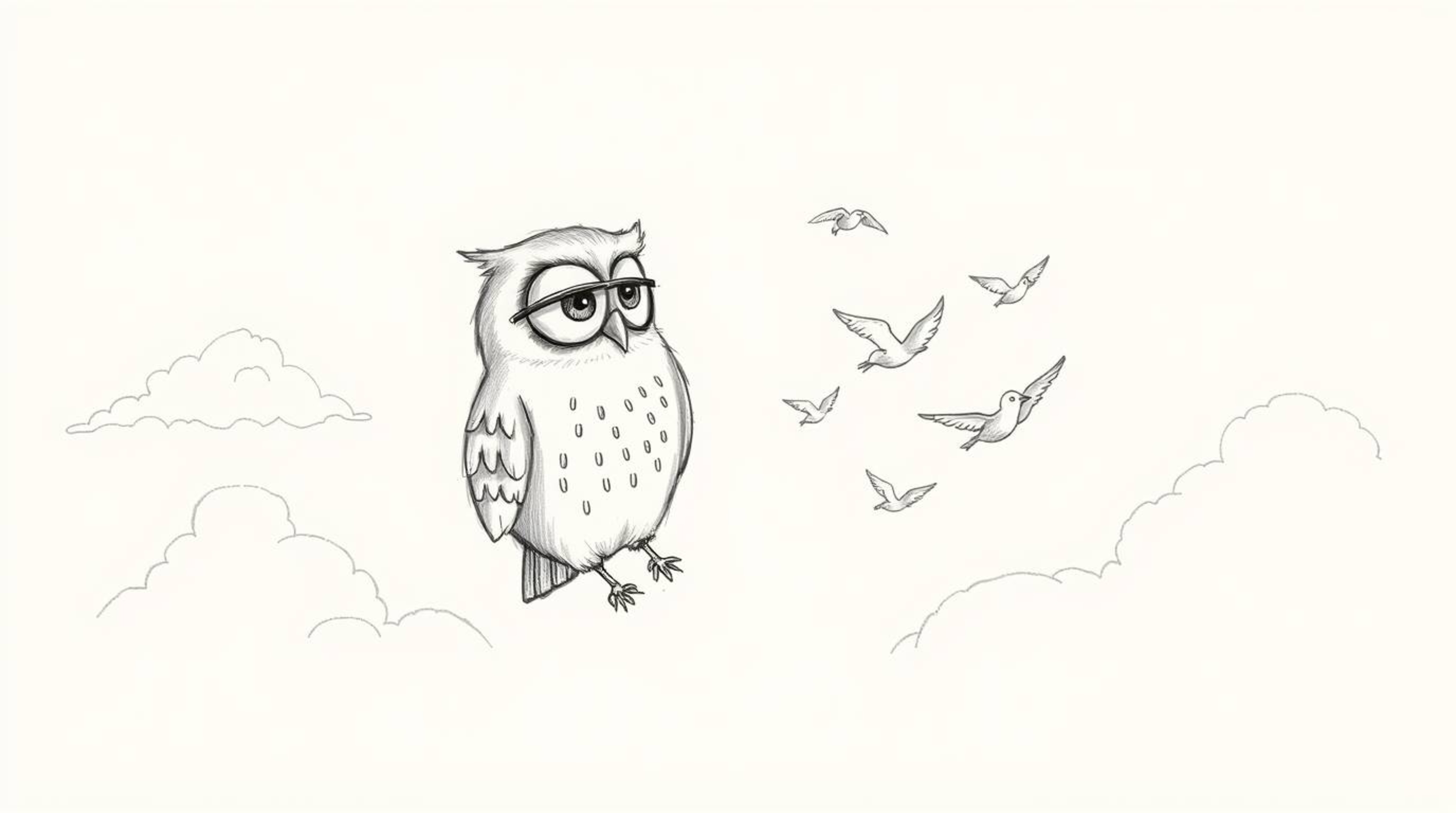 This charming hand-drawn sketch, created in the beloved style of Pixar, features a blind owl with soft feathers and large, ex
