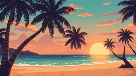 Experience the charm of a tropical beach sunset in this illustration, featuring swaying palm trees bathed in the warm glow of