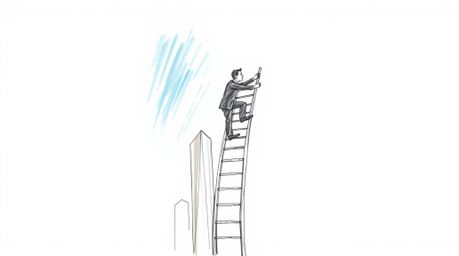 A hand-drawn sketch depicts a businessperson with defined features and light skin climbing a transparent ladder vanishing int