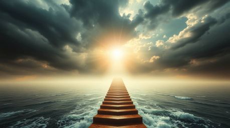 An ethereal and spiritual image bathed in natural earth tones depicts a mystical, epic staircase ascending from the ocean and