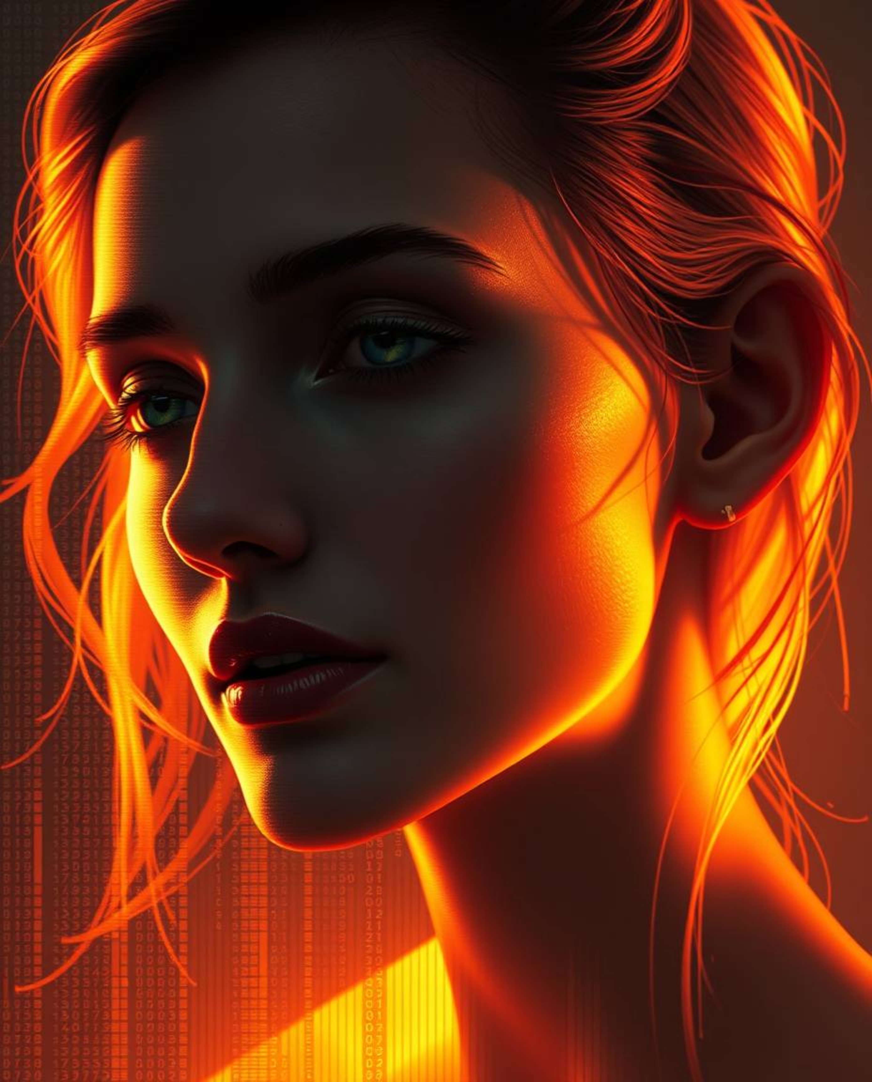 Explore the captivating fusion of digital painting and glitch art, featuring a graceful human face bathed in warm golden hour