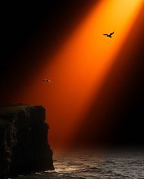 This image captures a sunset over a coastal cliff, where the presence of soaring birds is emphasized by high contrast and dra