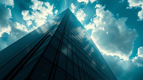 A breathtaking low-angle perspective reveals a modern glass building seamlessly dissolving into a sky of soft, ethereal cloud