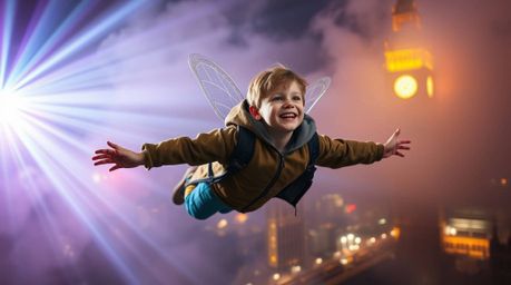 A captivating scene depicts a young boy soaring above London, propelled by magical pixie dust.  The artwork is brought to lif