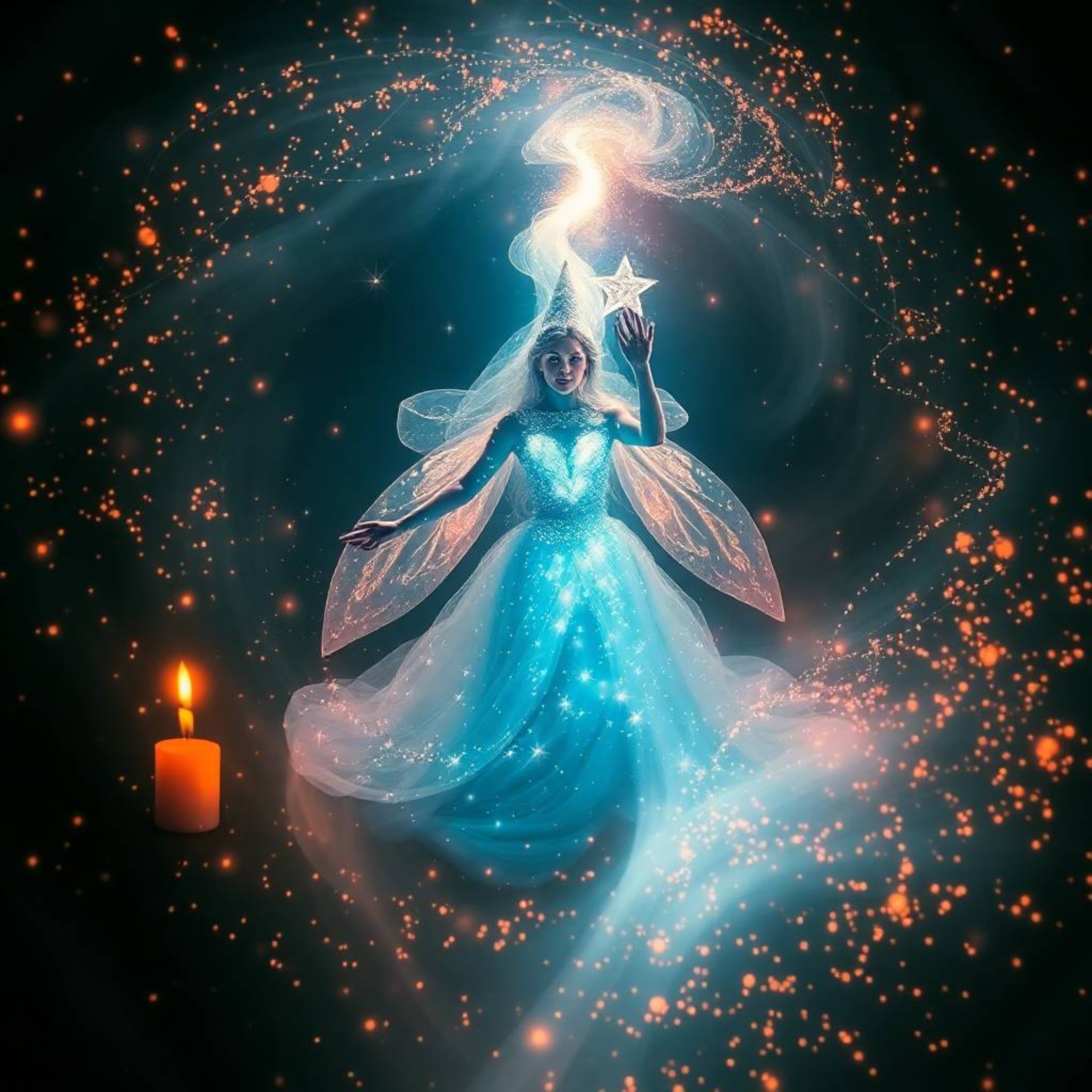 A mesmerizing fairy godmother emerges from a swirling vortex of sparkles and flickering candlelight. Radiating warm infrared