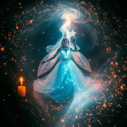 A mesmerizing fairy godmother emerges from a swirling vortex of sparkles and flickering candlelight. Radiating warm infrared