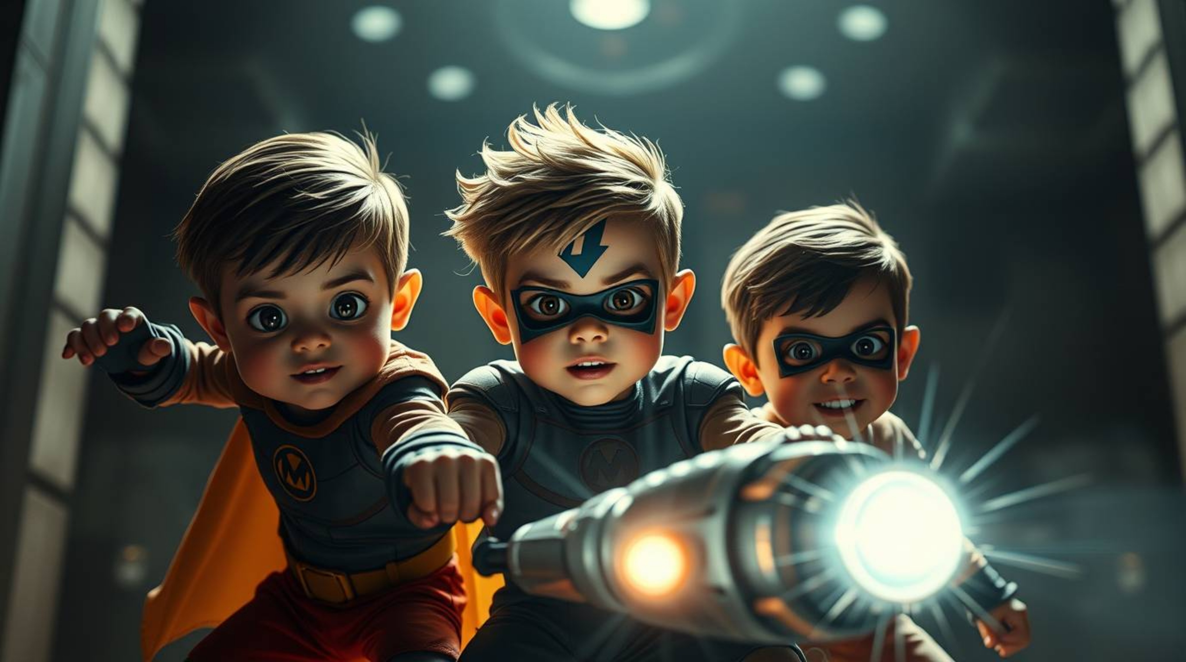 A dynamic scene featuring three adorable and superpowered kids engaged in an epic battle against a formidable robot. Chiarosc