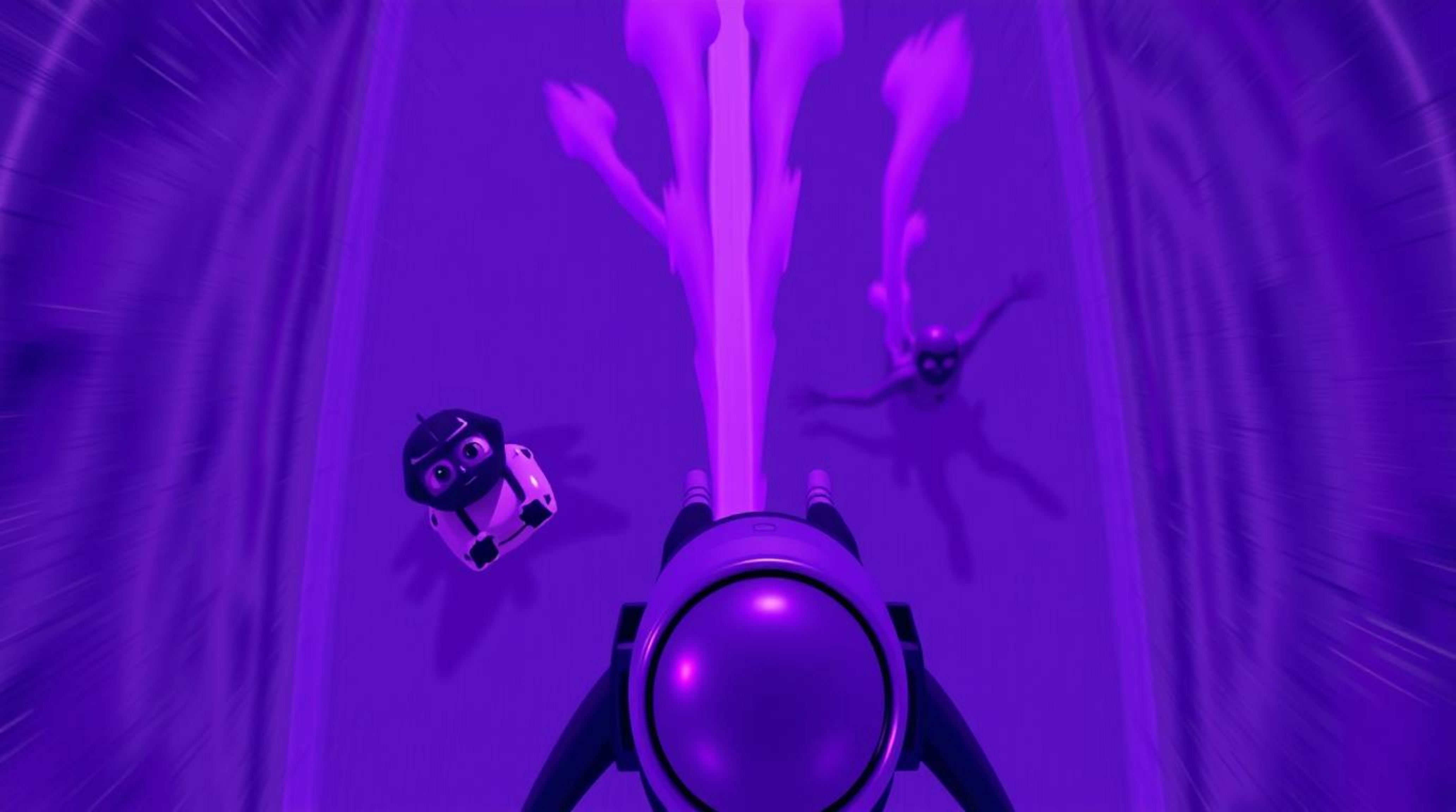Experience a thrilling chase scene from a bird's-eye view, rendered in striking ultraviolet hues. This animation features exa