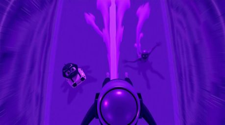 Experience a thrilling chase scene from a bird's-eye view, rendered in striking ultraviolet hues. This animation features exa
