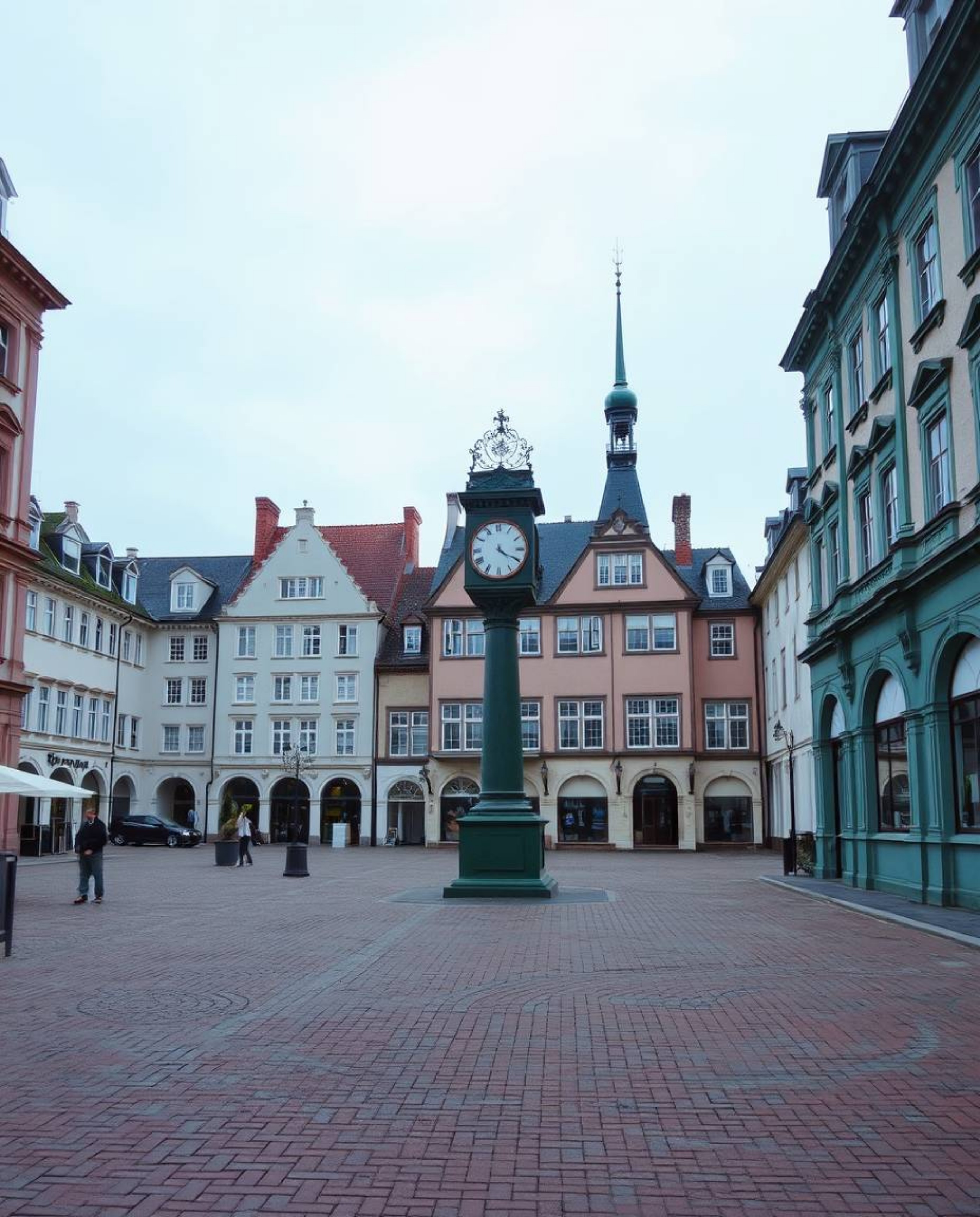 An empty town square comes to life in a dreamlike image featuring ticking clocks and the absence of people. The scene is rend