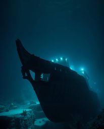 Immerse yourself in a breathtaking underwater scene featuring a shipwreck illuminated by rich deep teal hues and glowing biol