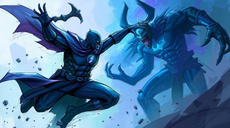 This dynamic digital sketch features a captivating battle between a superhero and a villain, rendered in cool blues, greens, 