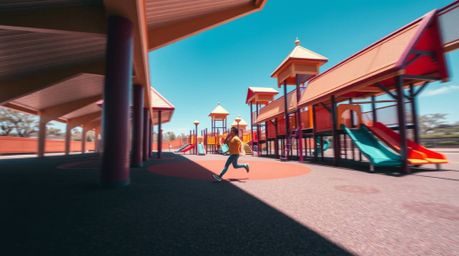 A captivating architectural photograph showcasing a dramatic slow-motion run through a playground.  The image emphasizes shar