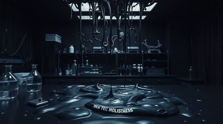 This image depicts a slime-covered science lab rendered in intense jet black, emphasizing pure black tones and deep shadows t