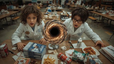 In a cinematic, high-contrast photograph reminiscent of Pixar's signature style, a shocked and bewildered science fair duo st