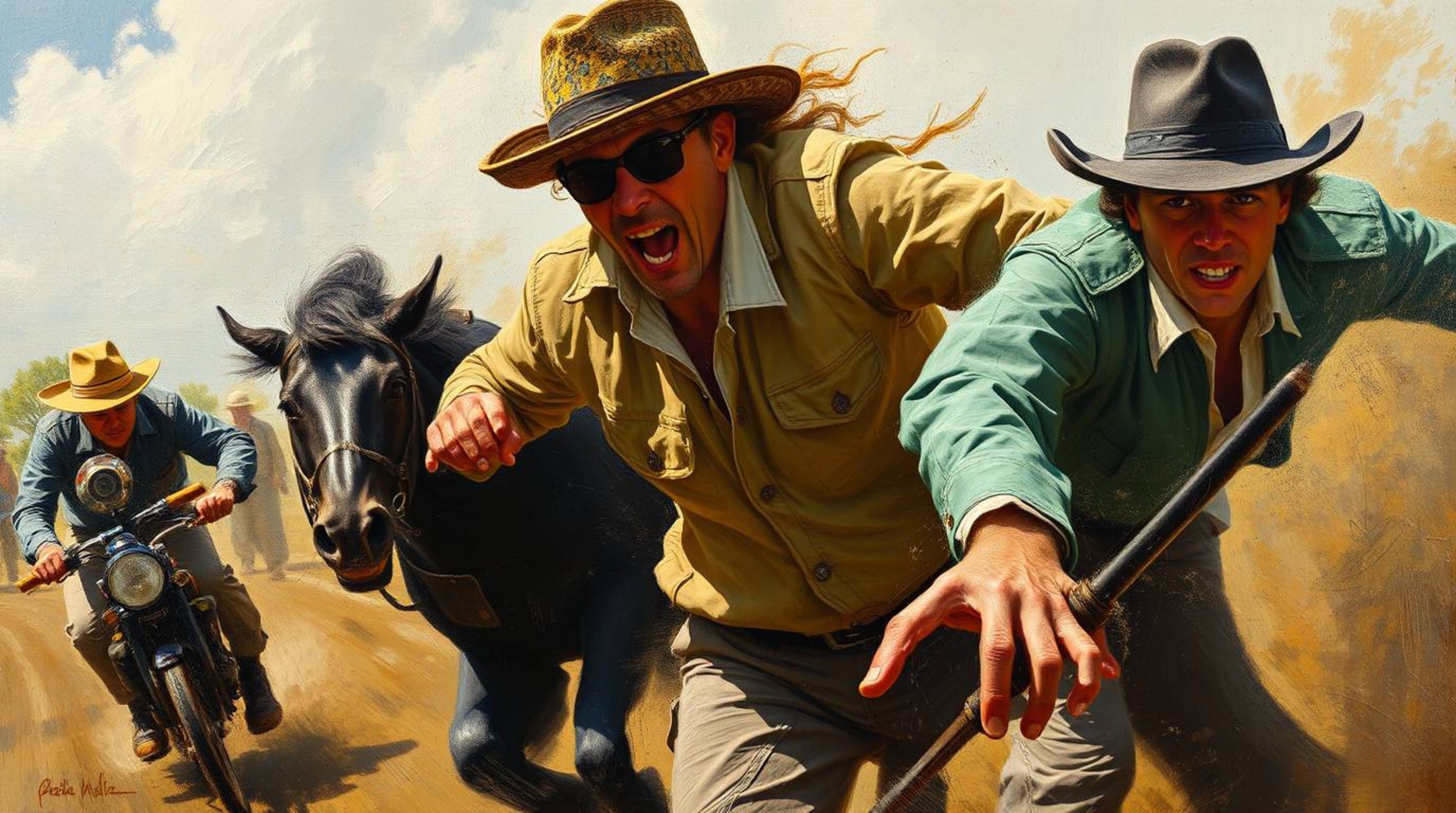 A captivating oil painting depicting a dynamic chase scene, rendered in a tight close-up with exaggerated squash and stretch 