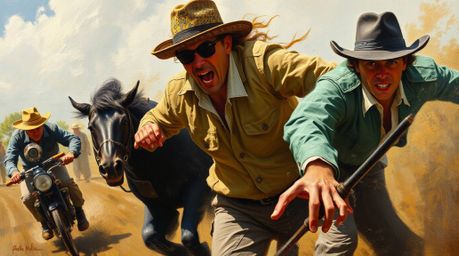 A captivating oil painting depicting a dynamic chase scene, rendered in a tight close-up with exaggerated squash and stretch 