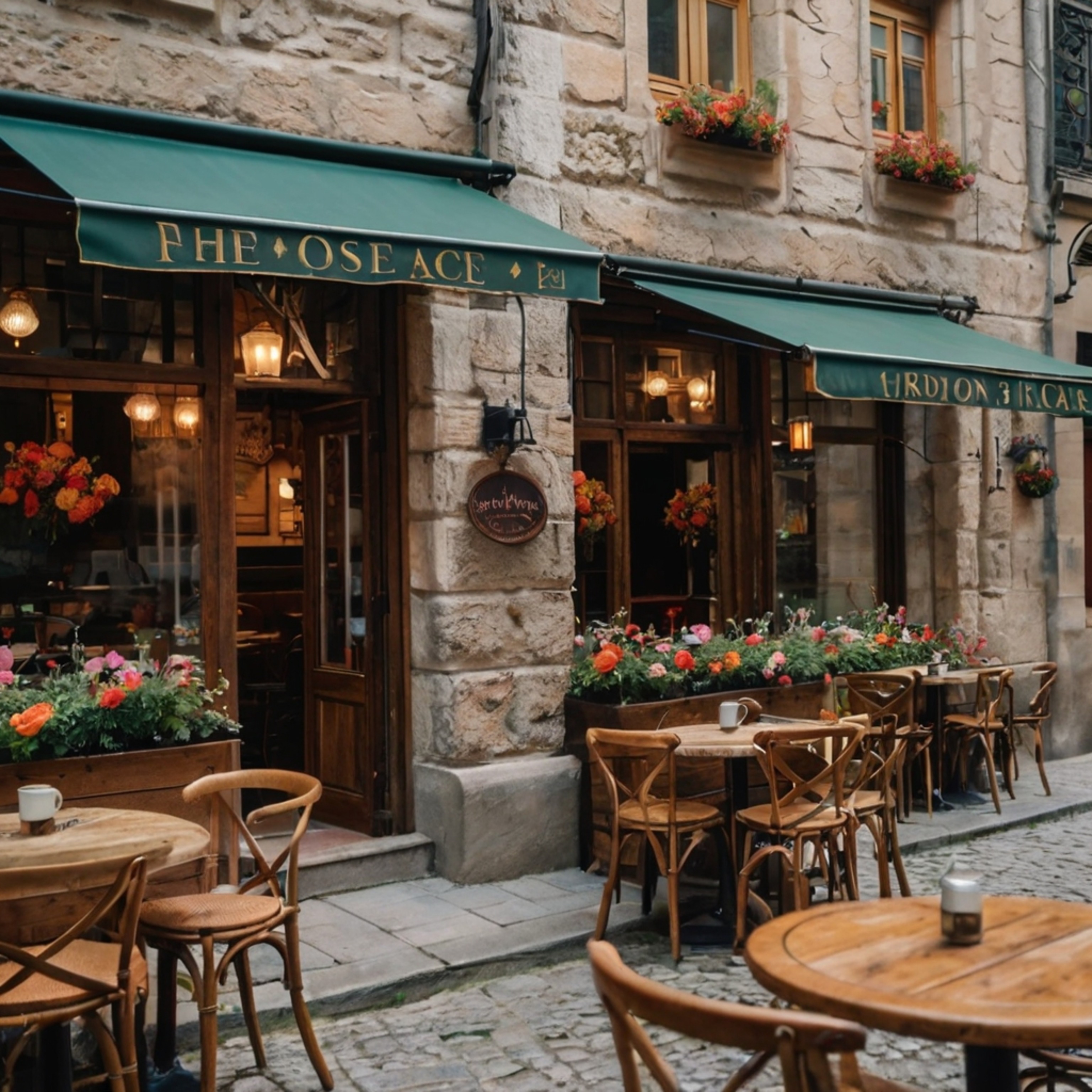 Experience the charm of Europe at our cozy café, featuring delightful outdoor seating. Nestled among beautiful stone building