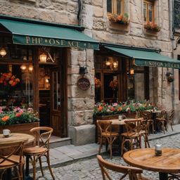 Experience the charm of Europe at our cozy café, featuring delightful outdoor seating. Nestled among beautiful stone building
