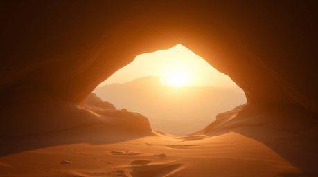 Experience the ethereal spiritual vibe of a desert sunset seen through a natural rock arch.  Gentle soft light and soft paste