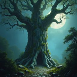 In a misty, moonlit forest, a towering, ancient tree stands sentinel. Its silver bark is etched with intricate, pulsing runes