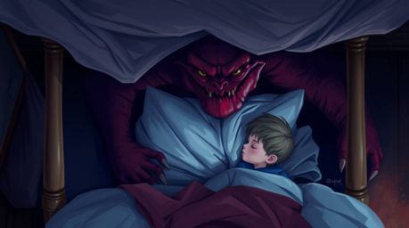 A captivating digital painting depicts an unlikely friendship between a child and a monster residing under their bed.  Render