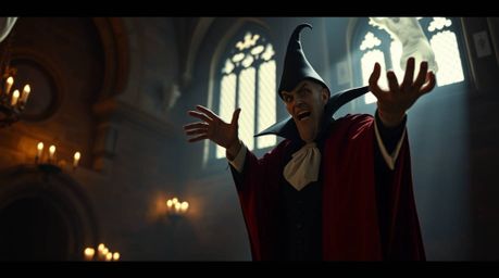 A captivating cinematic photograph showcasing a classic Disney villain dramatically casting a spell within the ancient walls