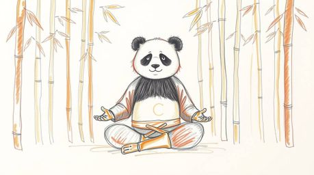 A captivating hand-drawn sketch depicts a serene martial artist panda meditating amidst a lush bamboo forest.  The artwork fe