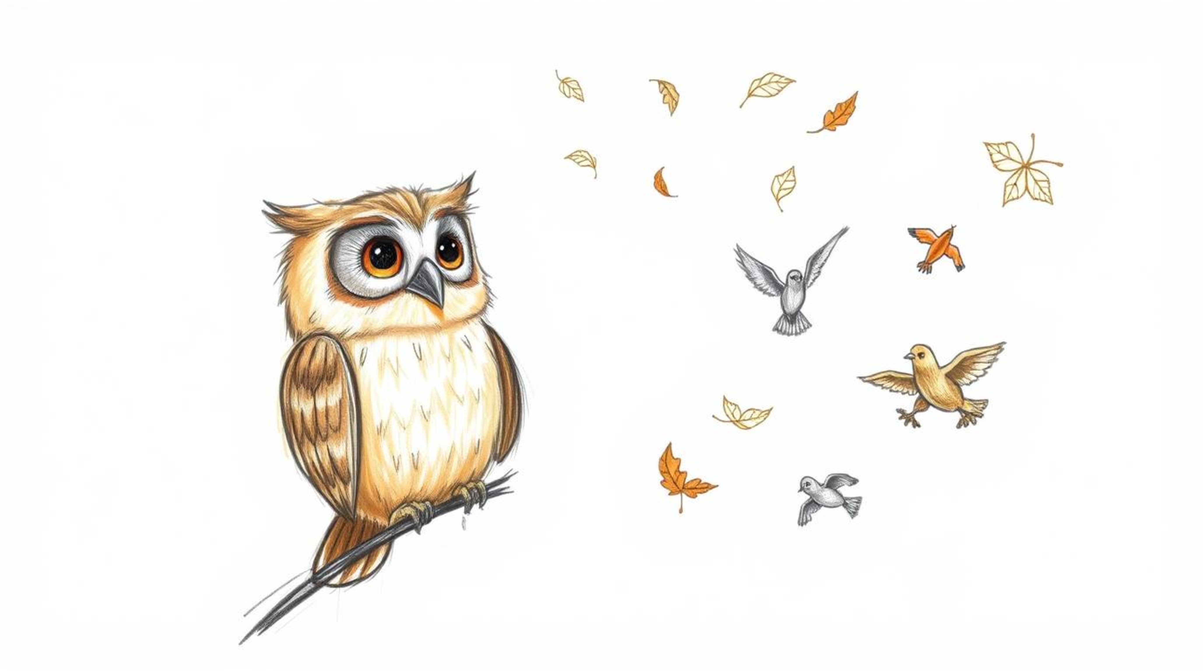 A charming hand-drawn sketch in the style of Pixar depicts a kind, blind owl with soft, feathery texture, lovingly guiding sm
