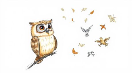 A charming hand-drawn sketch in the style of Pixar depicts a kind, blind owl with soft, feathery texture, lovingly guiding sm