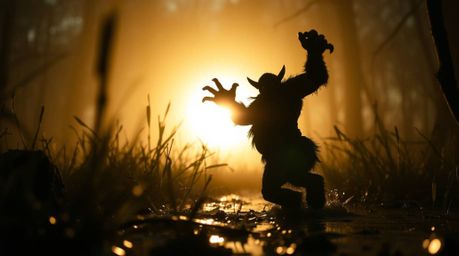 An extreme macro close-up captures a whimsical scene of an ogre dancing in a swamp.  Silhouetted against a bright backlight, 
