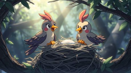A captivating Isekai-inspired illustration showcases two cartoon birds meticulously constructing their nest. Rendered in a c
