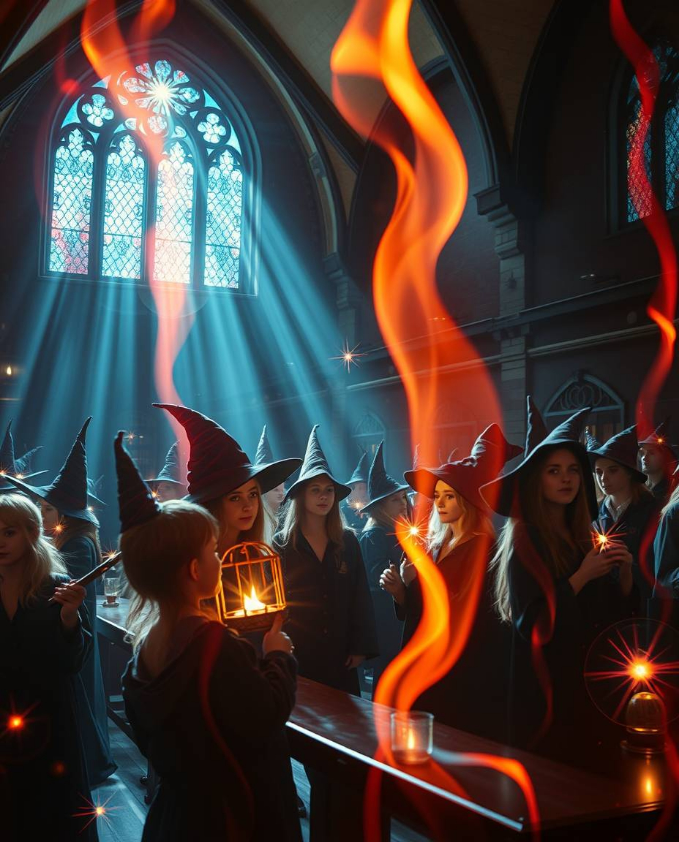 Immerse yourself in a breathtaking cinematic image of a magical school brimming with young wizards. Creative light art and a
