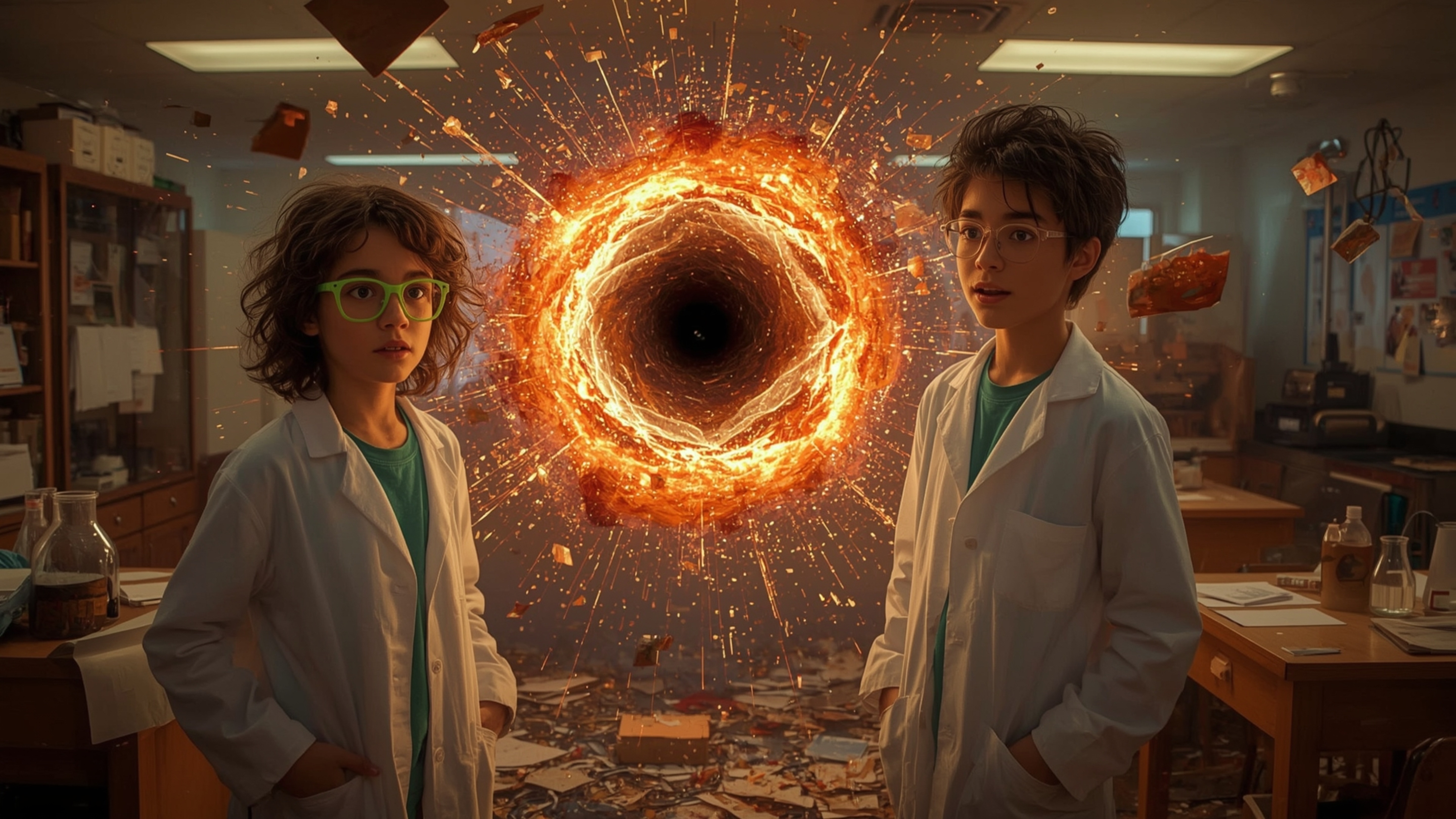 In a vibrant, cinematic photograph with a whimsical, Pixar-esque style, two enthusiastic science fair students stand in their