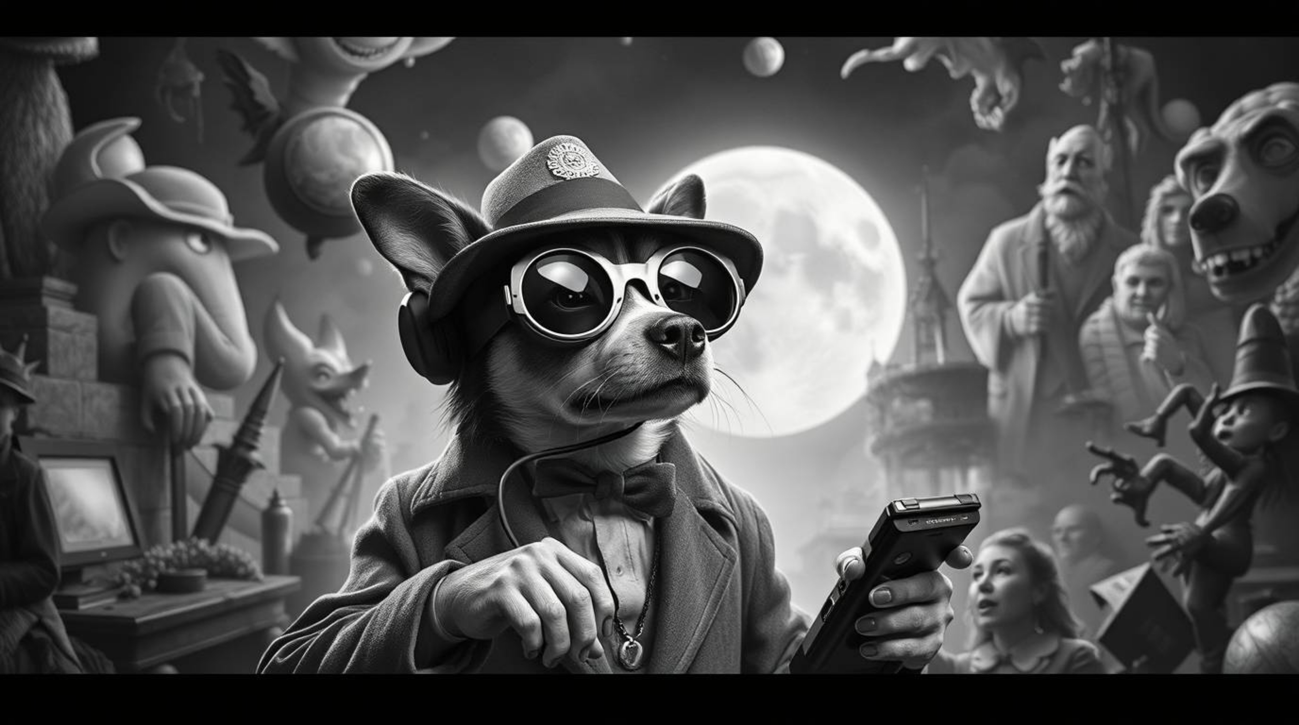 Explore a surreal and dreamlike world with a classic black and white image of a dog detective. This fantastical scene feature
