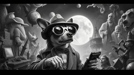 Explore a surreal and dreamlike world with a classic black and white image of a dog detective. This fantastical scene feature