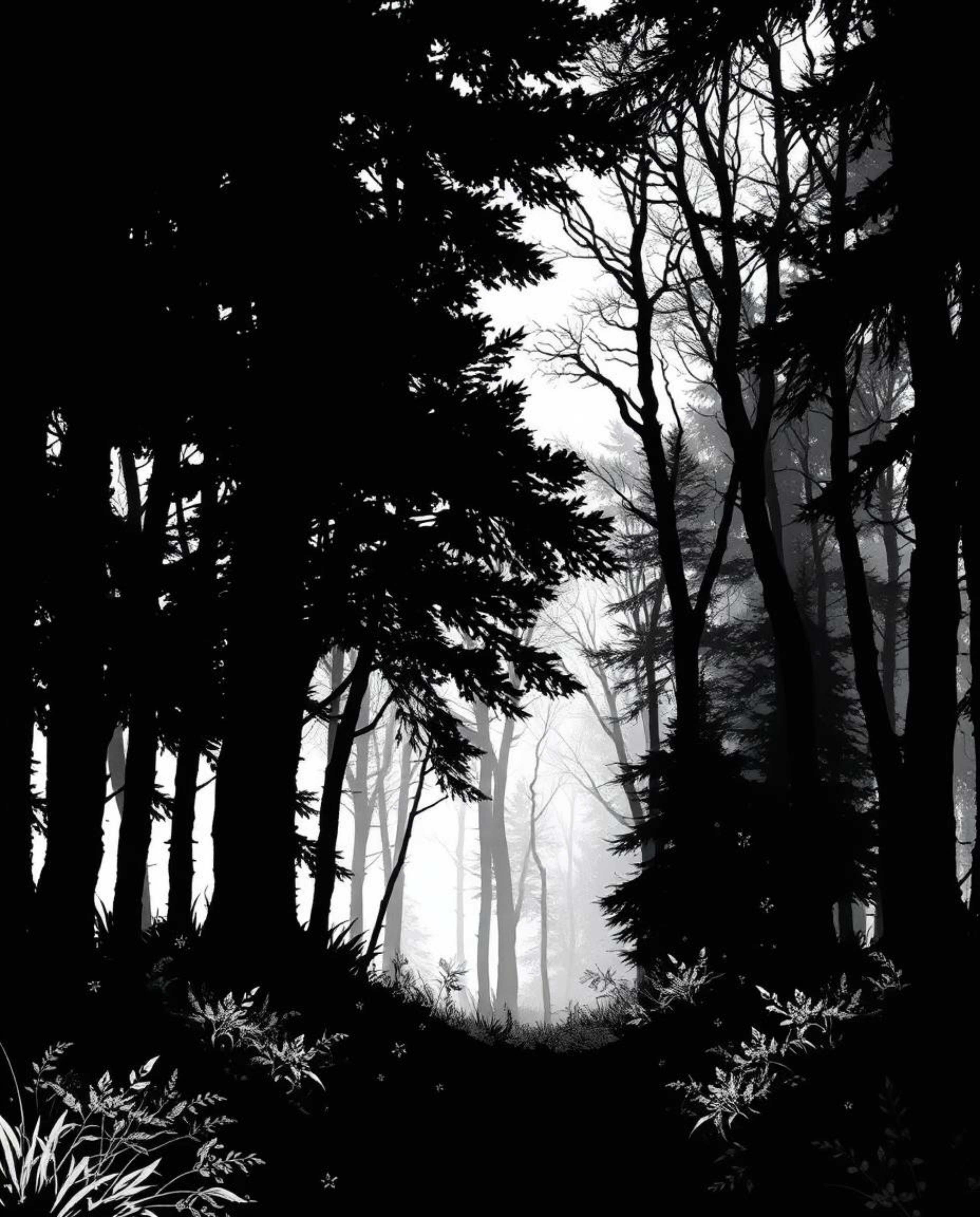 An elegant black and white illustration featuring a natural forest scene enhanced by a digital glitch effect. The intense con