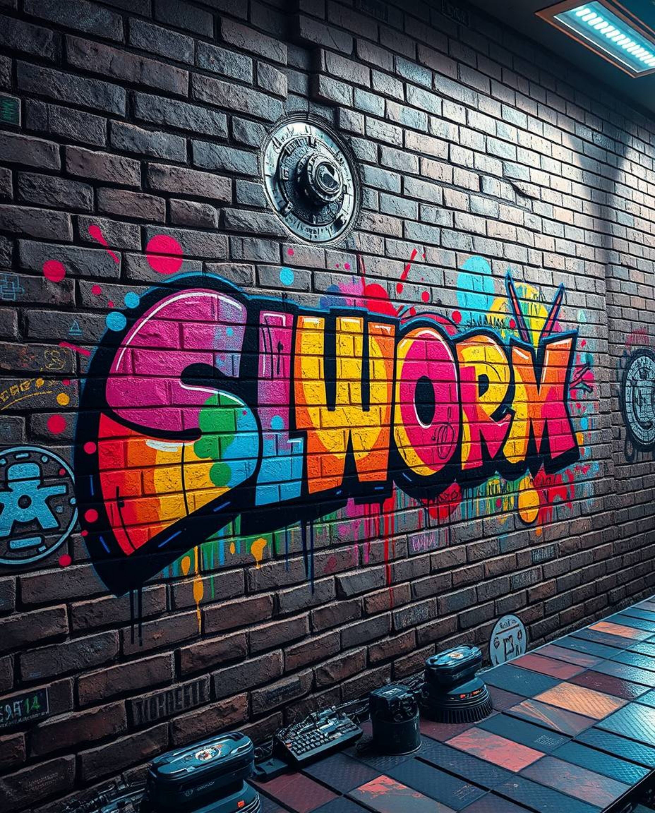 A captivating image depicting a futuristic sci-fi scene. Vibrant graffiti-style splashes in a myriad of colors adorn a brick 