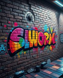 A captivating image depicting a futuristic sci-fi scene. Vibrant graffiti-style splashes in a myriad of colors adorn a brick 